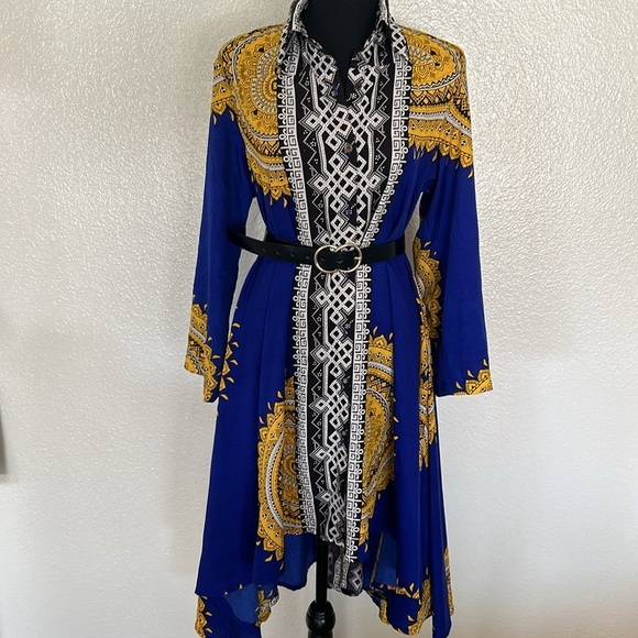 Kimono Dress Royal Blue Yellow and Black Size Small - Picture 1 of 9